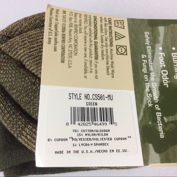 Renfro Copper Sole Military Green Boot Socks Big/Tall Men's Size XL 13-15 2 Pair - Picture 5 of 8